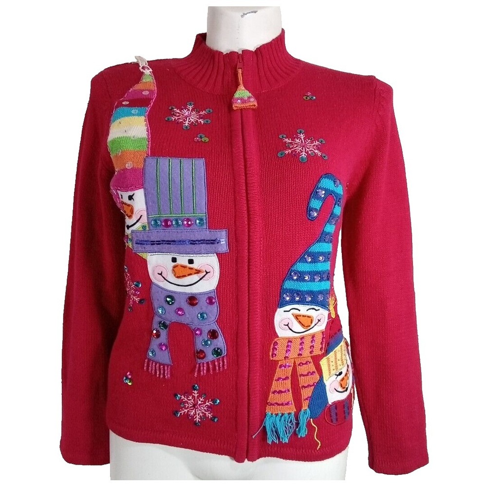 Tiara International Christmas Collection Cardigan Bead Embroider Snowman Zipper